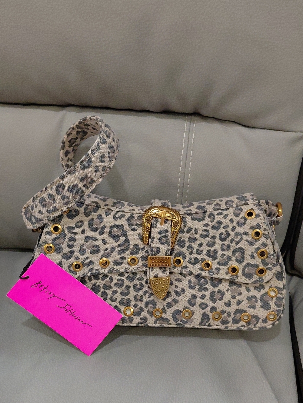 Betsey Johnson Gray Leopard-Print Shoulder Bag with Gold Buckle Accents